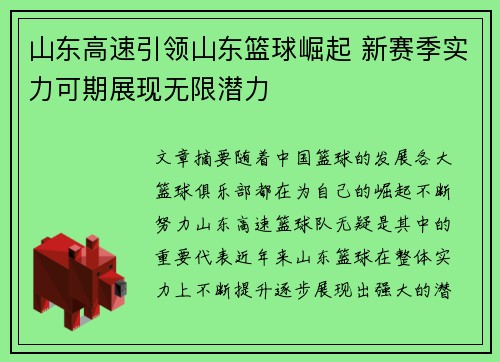 山东高速引领山东篮球崛起 新赛季实力可期展现无限潜力