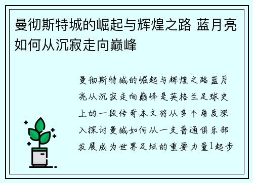 曼彻斯特城的崛起与辉煌之路 蓝月亮如何从沉寂走向巅峰