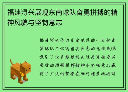 福建浔兴展现东南球队奋勇拼搏的精神风貌与坚韧意志