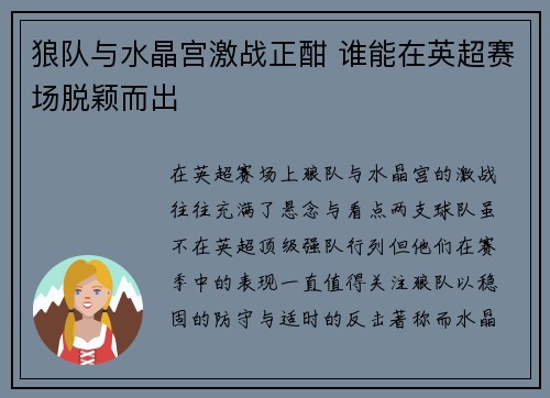 狼队与水晶宫激战正酣 谁能在英超赛场脱颖而出